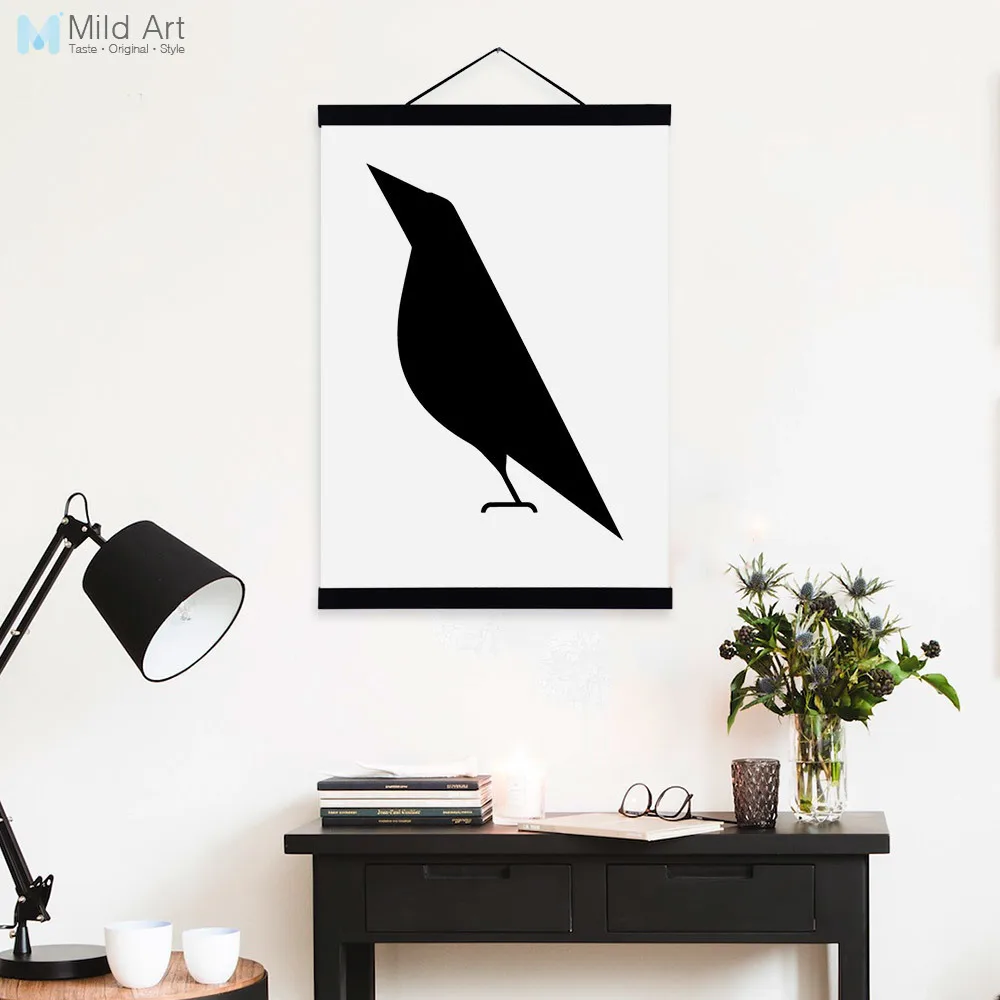 Modern Abstrak Hitam Putih Hewan Burung Nordic Kayu Framed Kanvas