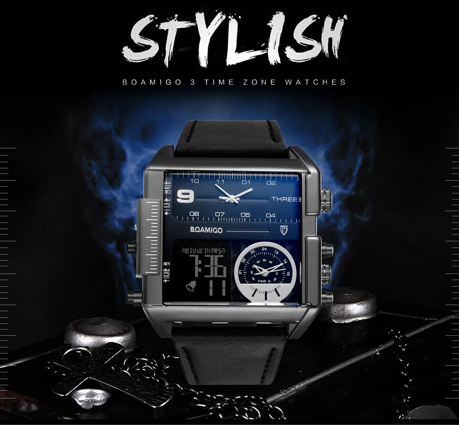 BOAMIGO Brand Fashion Black Dial Man Watch 3 Time Zone Big Rectangle Men Sport Watches Leather Band Calendar Quartz Wristwatches (18)
