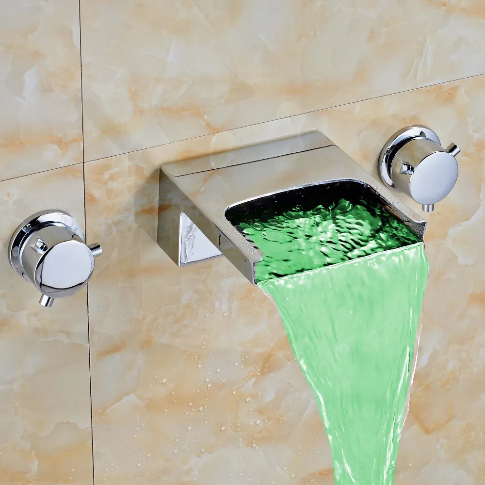 

Uythner Fashion Style Widespread LED Color Changing Dual Handles Three Holes Chrome Polish Sink Faucet Mixer Tap Faucet