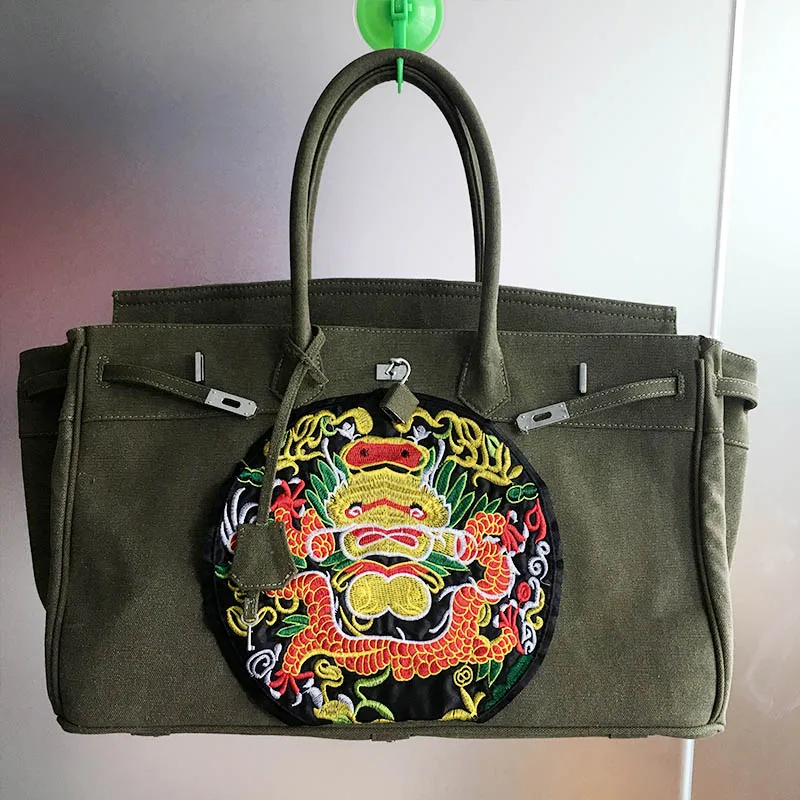 

Women HandBag Big Largh 18inch Canvas Tote Embroidered China Dragon Lock Hasp Design Luxury Designer bag Personalizar Bolso