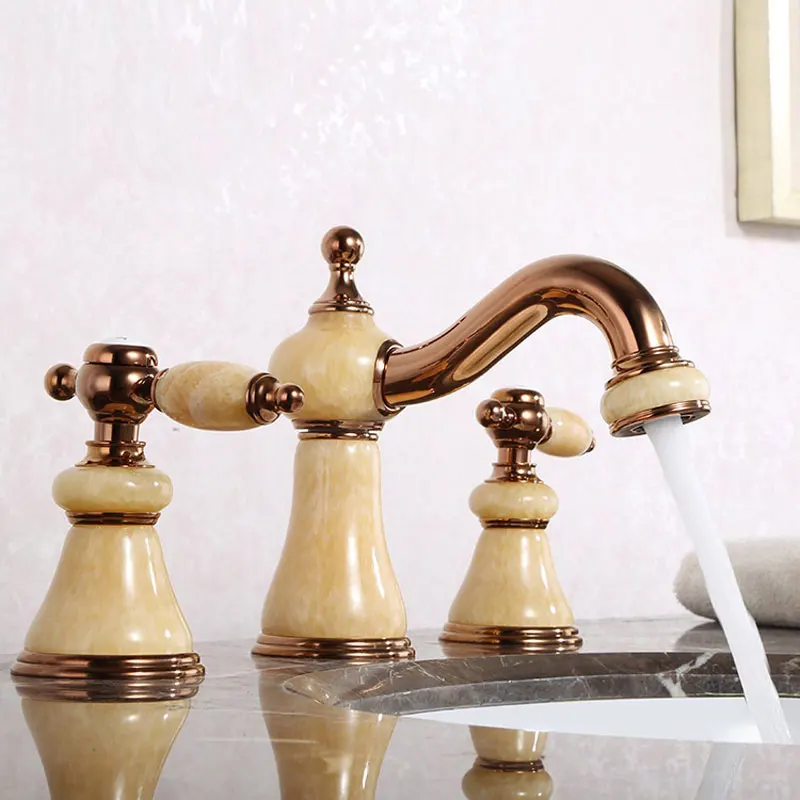 

all copper European natural cold and hot mixer water jade basin faucet dual holder three-hole deck mounted