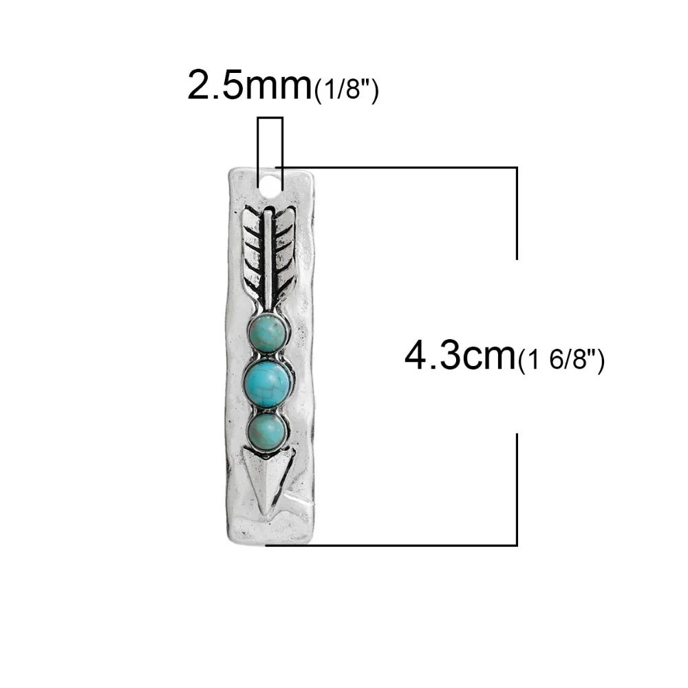 DoreenBeads цинковый сплав Бохо шикарные Подвески Прямоугольник Серебряный цвет синий стрелы Имитация драгоценного камня, 3 шт