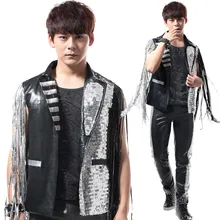 S-5XL! мужской dj панк кисточкой серебряные блестки ds одежда жилет кожаная одежда костюм певицы одежда