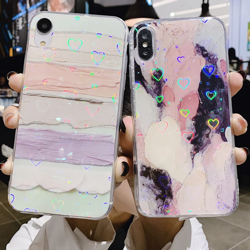 

Flash glitter soft TPU Cases For iphone XR X XS Max 6 6S 7 8 Plus Case Striped Hyun Flash Laser Love Pattern Silicon Phone Cover