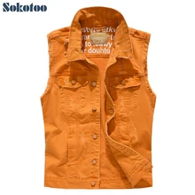 Sokotoo мужской причудливый оранжевый цвет slim fit рваные стрейч джинсовый жилет с бахромой без рукавов с дырками