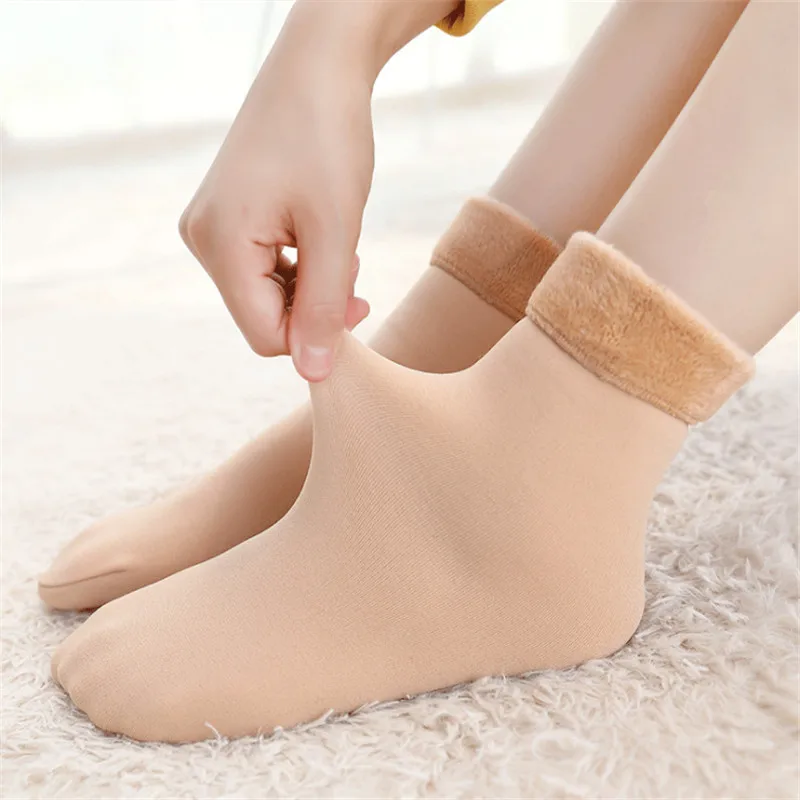 2Pair Winter socks ladies autumn and winter models in the tube thickening plus velvet warm flesh-colored snow socks winter