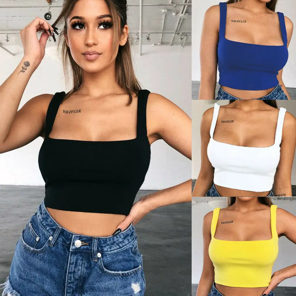 

Summer Casual Women Sexy Square neck Sleeveless Tank Top Solid Stretch Strappy T-Shirt Crop Cami Tops