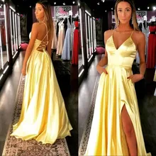 Sexy Slit cuello pico satén amarillo vestidos de noche largo 2020 una línea cris-cross Back Prom vestidos Formal de fiesta vestido de noche