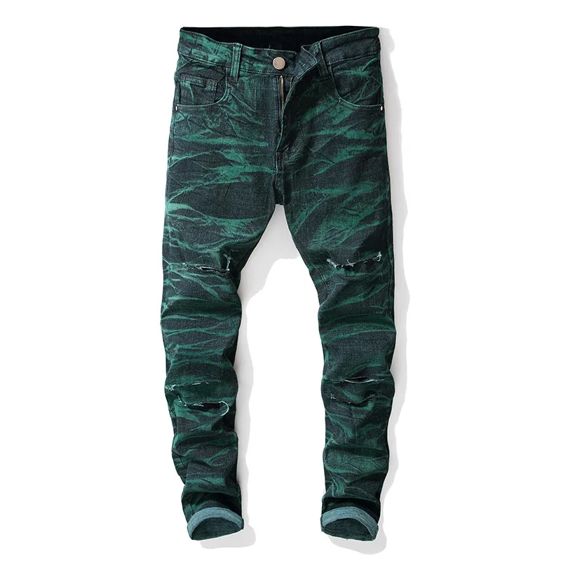 

Spring Summer Men's Slim Fit Jeans Large Size Crumpled Pleated Pattern Straight Pencil Pants High Street Denim Trousers