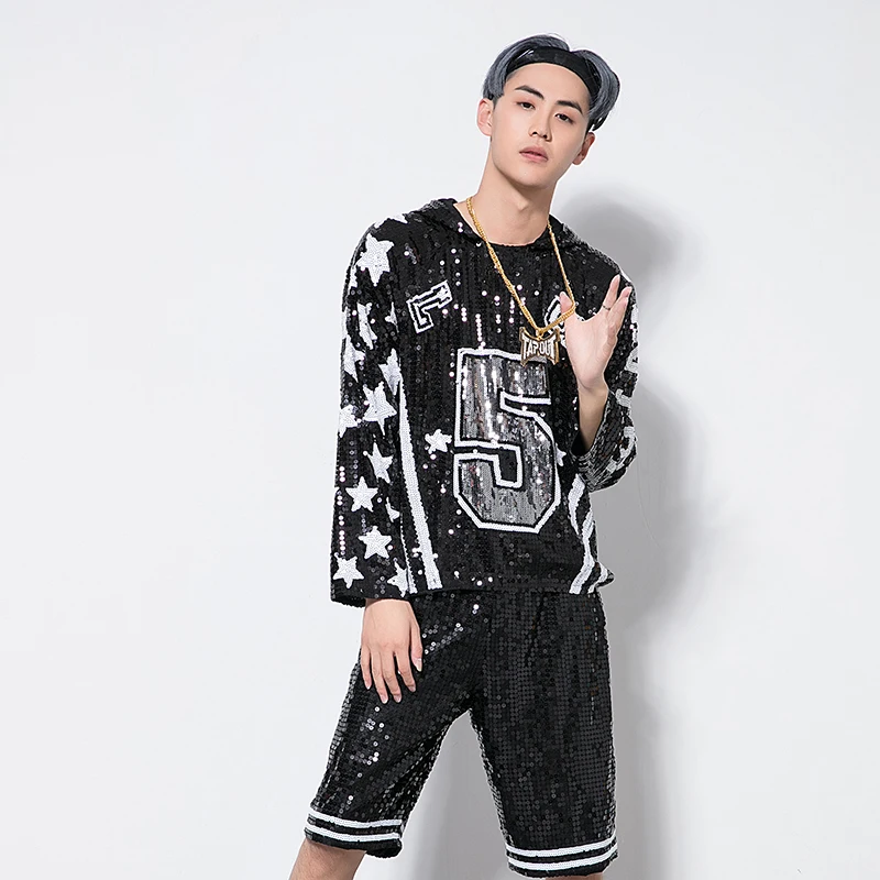 

Novelty New Male Hiphop Dancer Sequined Hoodies Dance Outfit Stylish Stars Grid Black Pullover Sweatshirt Coat Men