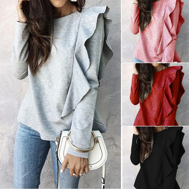 Plus Size Women Ruffle Long Sleeve Shirt Hoodies 2019
