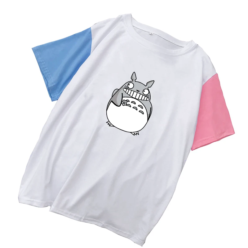 T Shirts Women Kawaii Totoro Cartoon Tops Summer Short Sleeve Korean Loose Cotton Spell Color Stitching Harajuku Tee Shirt Femme (2)
