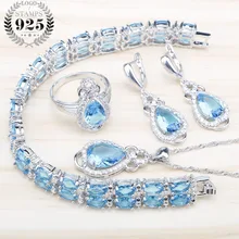 Синий Циркон 925 пробы серебряные Свадебные Ювелирные наборы для женщин свадебные браслеты, подвесные колье серьги Камни набор колец подарочная коробка