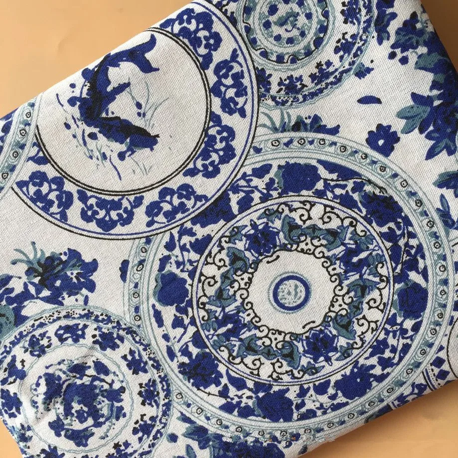 

50x150cm Cotton Linen Fabric DIY Table Cover Print Blue White Porcelain 1018C