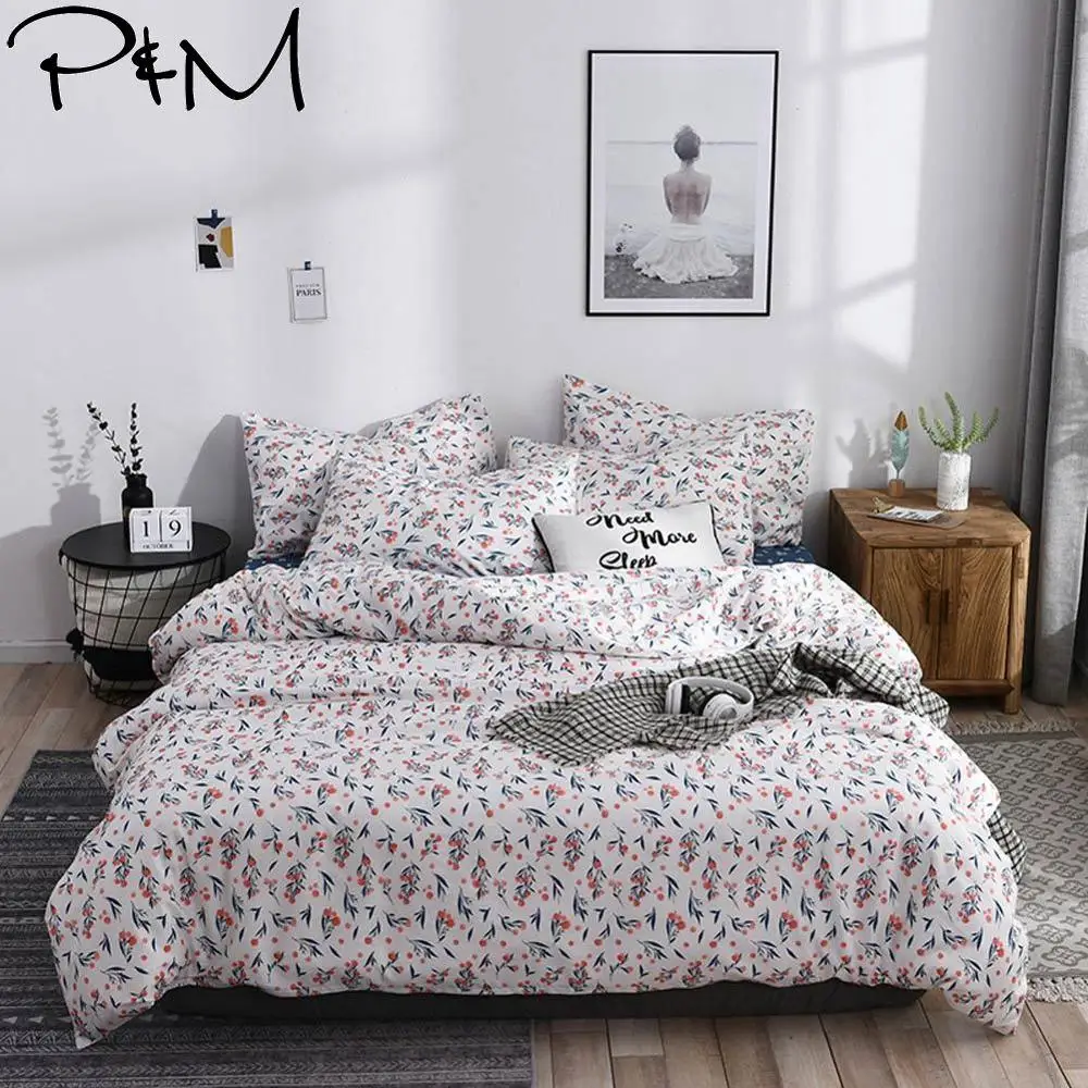 

2019 PAPA&MIMA Little Red Floral Scandinavian Duvet Cover Set Queen King Customize Size Cotton Bedlinens Bedding Sets