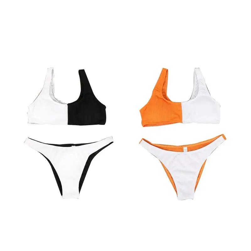

Women Sexy Two Piece Bikini Set Color Block Patchwork Ribbed Vertical Stripes Swimsuit Deep Scoop Neck Bra Low Waist Thong Bathi