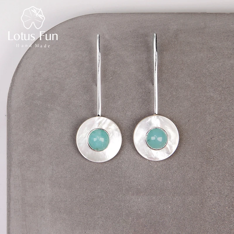 Lotus Fun Drop Earrings for Women Blue Amazonite Stone 925 Sterling Silver Earring Circle Hook Jewelry Fine Jewelry