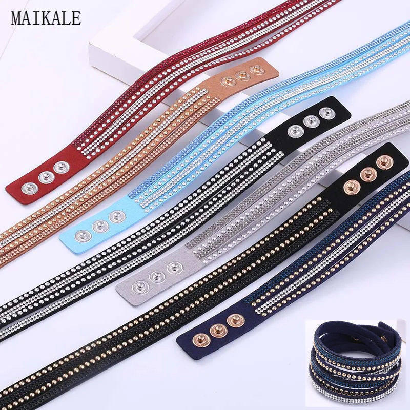

MAIKALE Vintage Long Woven Bracelets for Women Hot Drilling Rivet Multi-Layer Two Laps Wild Bracelet Bangle Fashion Jewelry Gift