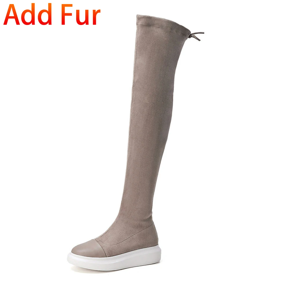 DORATASIA New Fashion Over The Knee Boots Cow Suede Flat With Cross Tied Zip Shoes Woman Casual Party Soft Autumn Winter Boots - Цвет: gray add fur