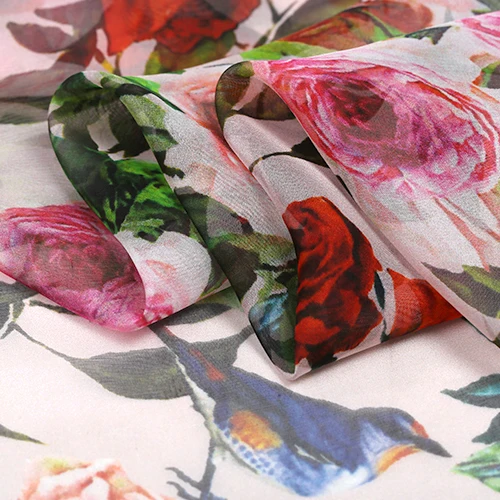 Сицилийская роза цветы птицы шелк тутового шелкопряда шифон ткань для женщин летние платья блузка брюки Швейные DIY-AF629
