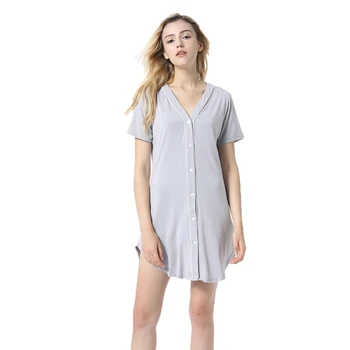 

Women Sleepwear Modal Nightgown Short Sleeve V Neck Long Section Home Service Single Row Button Ladies Nightdress