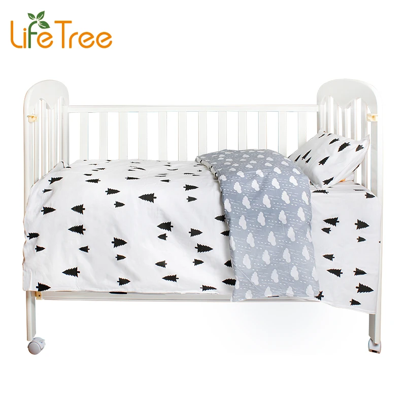 LifeTree 3 Pcs Cotton Baby Bedding Set Cartoon Patterns Crib Bedding Bed Sheet Duvet Cover Pillowcase without Filler