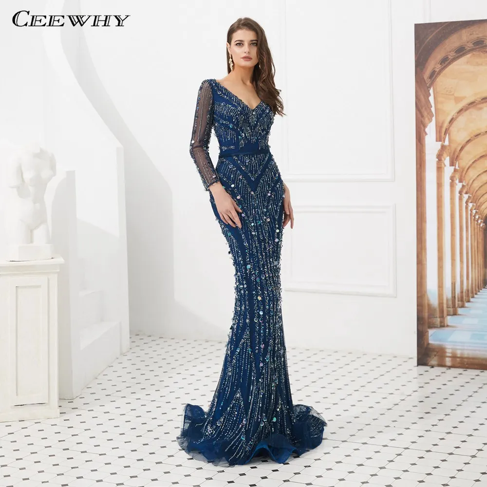 CEEWHY Vintage Long Mermaid Dress Formal Evening Dresses Crystal Beaded Prom Gown Evening Dress Long Sleeve Robe De Soiree CEEWHY Vintage Long Mermaid Dress Formal Evening Dresses Crystal Beaded Prom Gown Evening Dress Long Sleeve Robe De Soiree