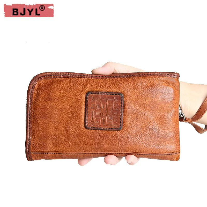 

BJYL Men 's long wallet is the brand of the first layer of leather Purse leather zipper handbag large - capacity Vintage wallets