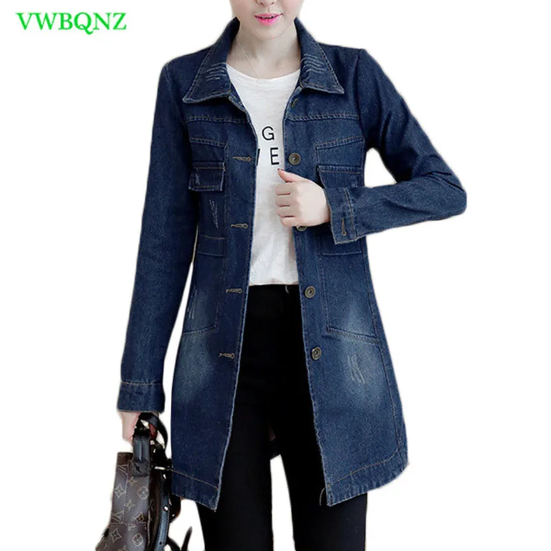 Осенне-зимняя Корейская джинсовая куртка, женское тонкое длинное базовое пальто, женские потертые темно-синие джинсовые куртки больших размеров, крутые куртки 5XL A364 - Цвет: Navy blue