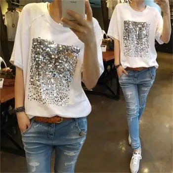 

Fashion women's summer 2019 new Korean loose large size cotton sequins white t-shirt women's short-sleeved trend