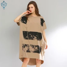 Ameision 2019 New Women Fashion Spring Summer Round Neck Short Sleeve Black Pattern Printed Loose Big Size Irregular Dress chicever knitted irregular summer dress female short sleeve perspective hit colors loose big size black dresses for women new