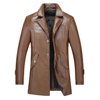 

2018 New Leather Men's Smart Casual Jackets PU Soft Leather Windbreaker Coats Turn-Down Collar Long Male Leather Jackets YP1174