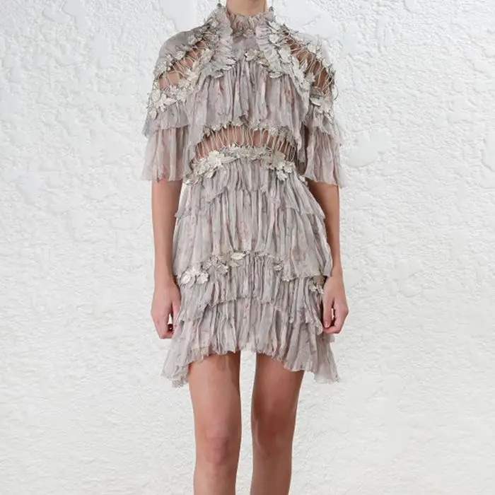 

New Embroidery dress Europe summer midriff printed dress heavy lace openwork layered cake