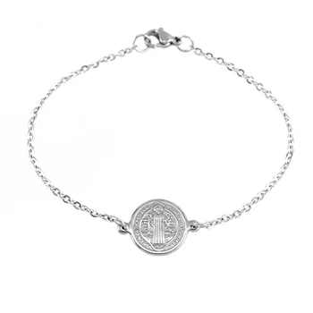 

Stainless Steel Saint Benedict Medal Charm Bracelets For Women with Thin Link Chain High Quality Jewelry Gift Wholesale 10pcs