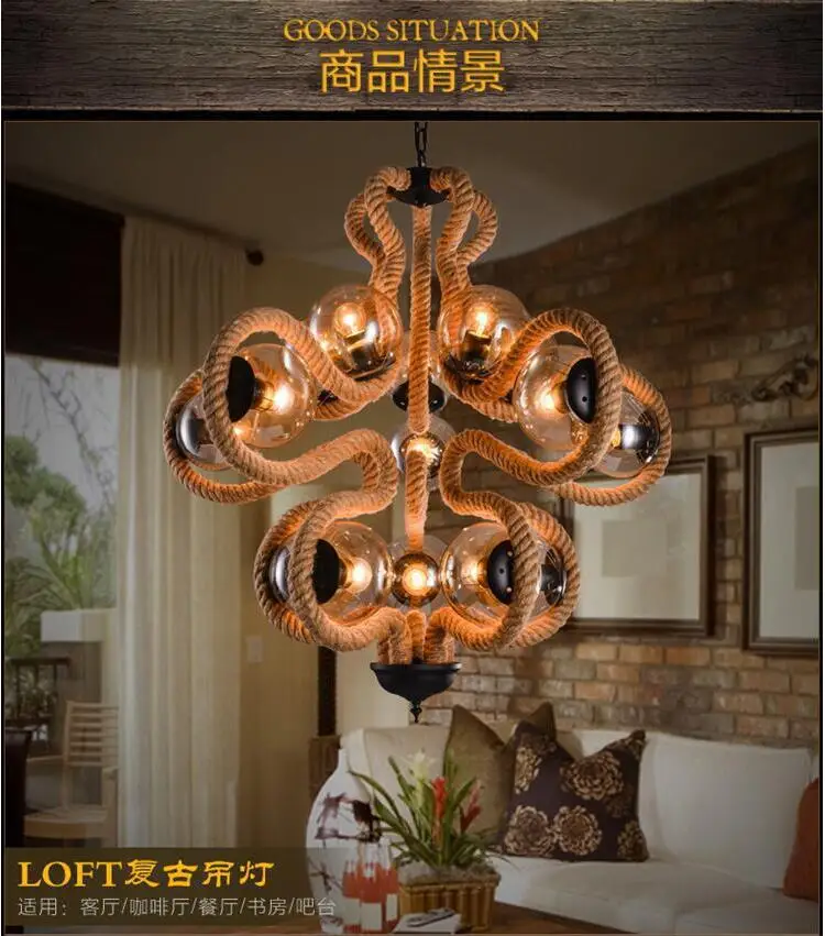 Loft Style Hemp Rope DNA Dining Room Pendant Light Glass Ball Bars Loft style hemp rope dna dining room pendant light glass ball bars