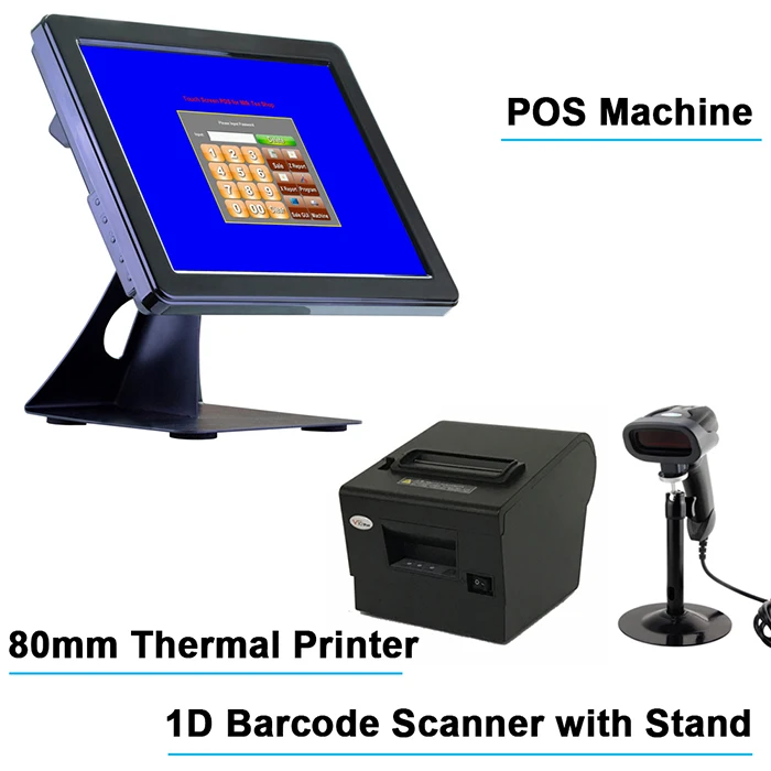 POS программное обеспечение 15 дюймов сенсорный экран POS система кассовый аппарат с бесплатным программным обеспечением для ресторана или розничного магазина - Цвет: w barcode and 80mm