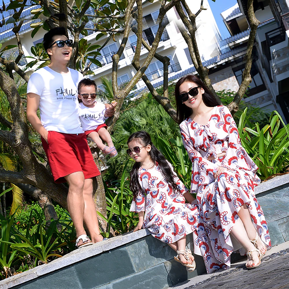 

JY1827 Summer Fashion Casual family matching outfits clothes mother daughter dress Father Son short pants+Short Sleeve T-shirt