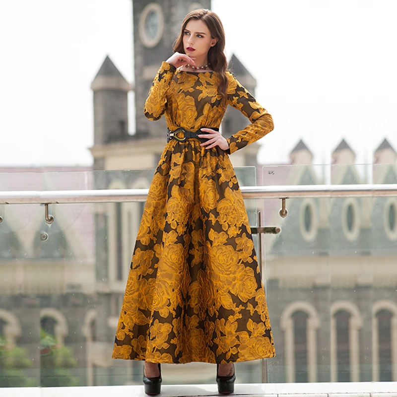 Newest Fall 2018 Designer Maxi Dress Party Dress Women's Long Sleeve Gorgeous Floral Jacquard Long Dress plus size S-3XL