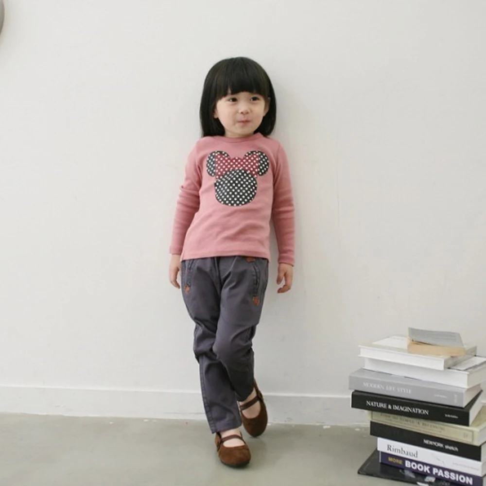 Одежда для маленьких девочек с милым рисунком Минни-Маус футболки с мышью с длинным рукавом Повседневное T рубашка, хлопчатобумажные футболки 2-7Years