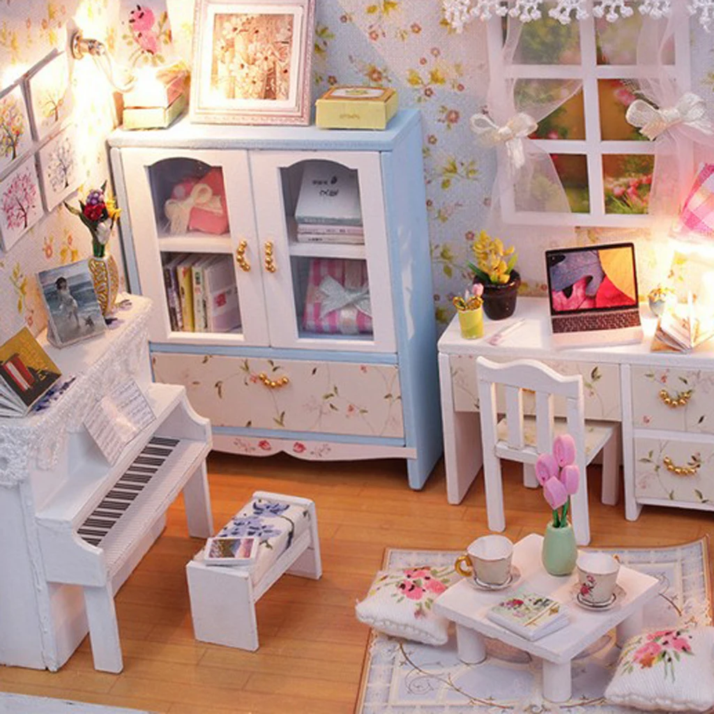 1:24 DIY Wood Dollhouse Handcrafts Miniature Project Kit LED Hand Control Light (With Dust Proof Cover) Kids Birthday Xmas Gift