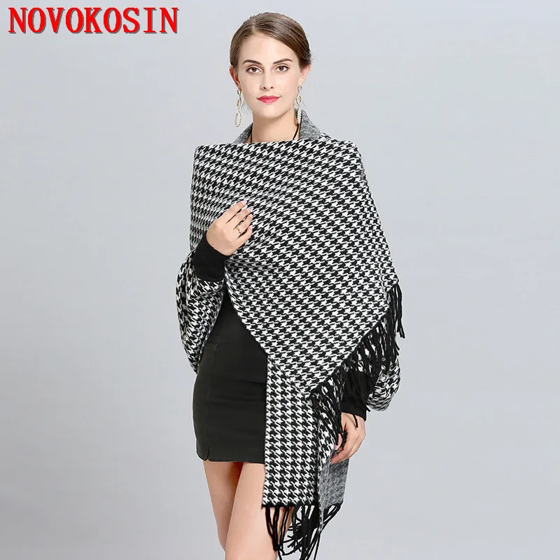 

2018 Lady Knitted Birds Plaid Otter Velvet Cardigans Thick Poncho Houndstooth Autumn Winter Shawl Casual Wrap Open Stitch Cloak