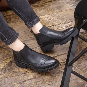

Casual Fashion Microfiber Round Toe Chelsea Boots Men Slip-On Med Solid Boots Ankle Fretwork Winter Motorcycle Shoes