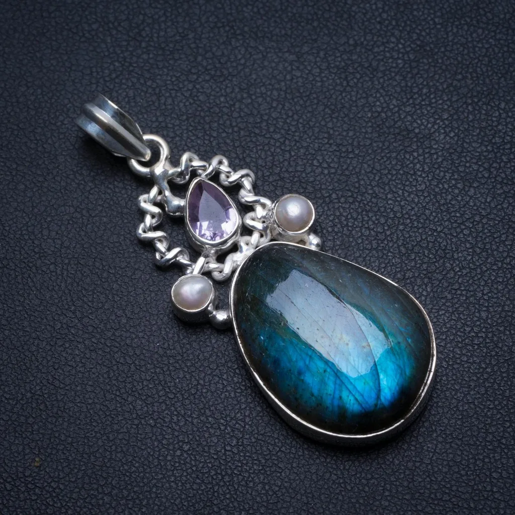 

Natural Labradorite,Amethyst and River Pearl Handmade Boho 925 Sterling Silver Pendant 2" T2284