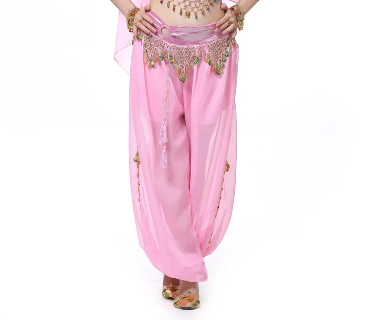 Индийские танцевальные штаны, женские шаровары, штаны для танца живота, шифон, блестки, Висячие монеты, шаровары, 1 шт., штаны для танцев, выступлений, 10 цветов