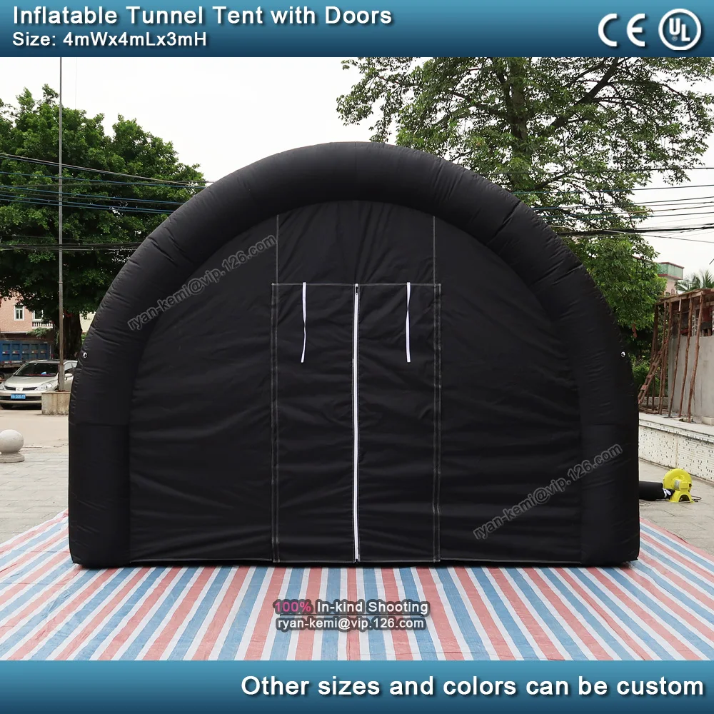 front view of 4mWx4mLx3mH black inflatable tunnel tent with doors for outdoor events inflatable party sports tent cover