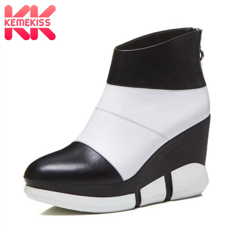 

KemeKiss Women Genuine Leather Platform Boots Wedges Mixed Color Zipper Warm Shoes Women's Fashion Wedges Shoes Size 34-39