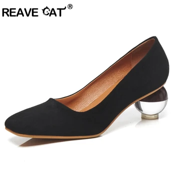 

REAVE CAT Women genuine leather shoes Kid suede Strange style Ladies pumps Middle heels Mature High quality Black White A1475