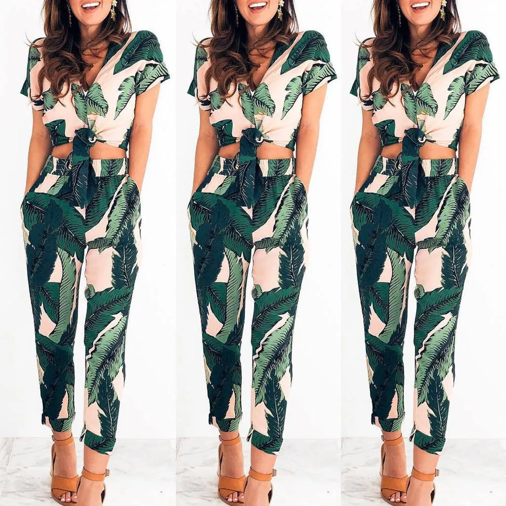 

feitong 2019 summer Female Womens Leaves Print V-neck Halter Sleeveless Ruffled One-piece Trousers Jumpsuit Trousers Elegant