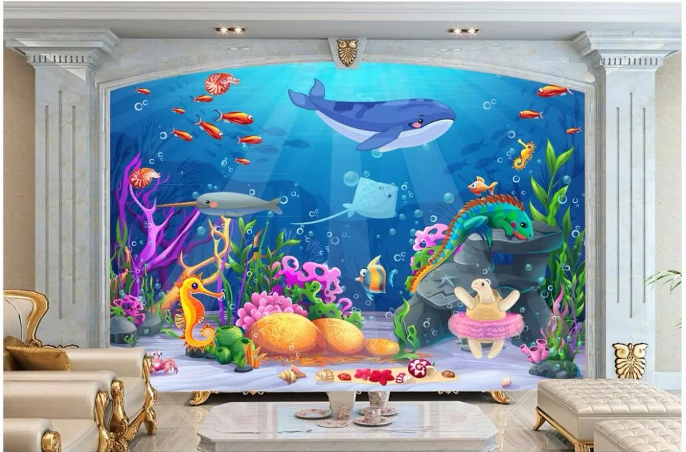Kustom Foto Mural 3d Wallpaper Kartun Lucu Hewan Laut Dekorasi