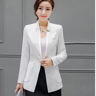 Autumn New Women's Blazer Mandarin Collar Pocket Design OL Formal Fashion Elegance Slim Style Large Size Hot Sale C96026D - Цвет: white